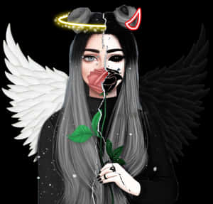 一個分裂面孔的天使與魔鬼手持一朵花瓣半紅半黑的玫瑰。 — 雙子座 壁紙