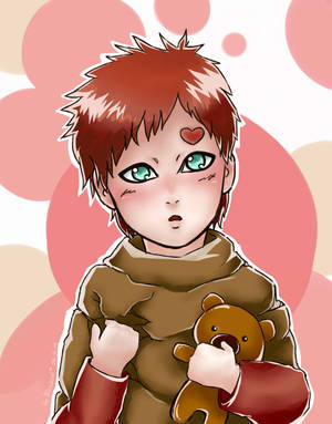 紅髮綠眼的動漫男孩在粉彩泡泡背景中抱著泰迪熊。 — 可愛熊 壁紙