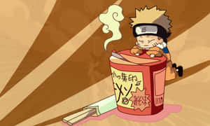 Q版動畫忍者從冒煙的拉麵杯中探出頭來，旁邊有筷子。 — 酷 naruto 壁紙