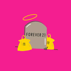 刻有 Forever 21 標誌的墓碑，兩側有黃色購物袋，上方有天使光環。 — 永遠21 壁紙