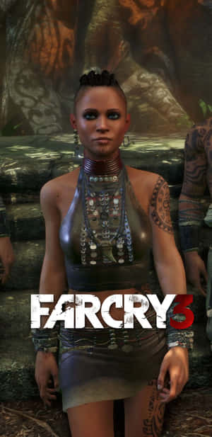 來自《Far Cry 3》遊戲的叢林部落女性，佩戴金屬珠寶和紋身。 — Galaxy S10 壁紙
