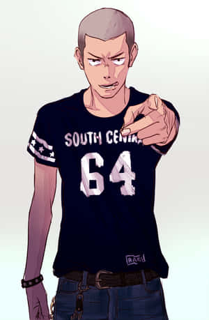 穿著 South Central 64 T恤的憤怒動漫男子指向觀眾。 — 櫻島麻衣 壁紙