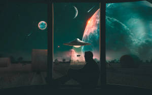 透過窗戶觀看外星行星上空的UFO的人 — 放鬆的藥癮者 壁紙