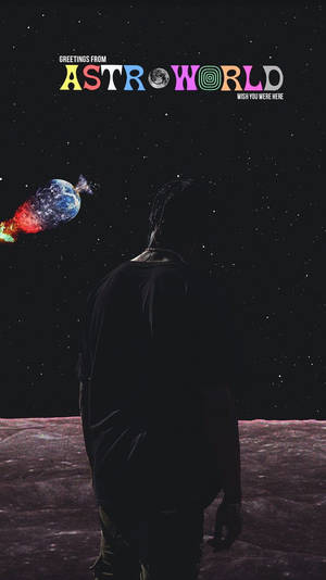 月球上的人看著色彩繽紛的行星和「Greetings from Astro World」文字。 — 崔維斯·史考特 GIF 壁紙