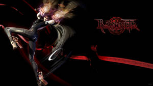 動漫角色 Bayonetta 在半空中戰鬥，手持發光武器和紅色絲帶。 — 可愛黑色風格 壁紙