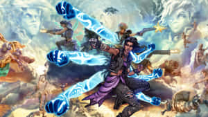 動漫戰士在空中戰鬥中擁有發光的藍色拳頭，周圍環繞著漂浮的人物。 — 邊緣禁地3 壁紙