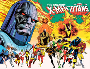 漫畫封面，X-Men 和 Teen Titans 面對一個巨大的黑暗反派。 — DC漫畫 壁紙