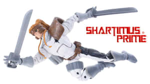 Shartimus Prime 動作人偶以空中戰鬥姿勢手持兩把劍。 — 漫威反派 壁紙