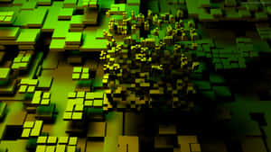 發光的綠色和黃色立方體形成土墩的抽象數位藝術。 — 3D 壁紙