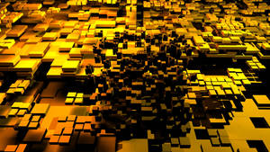抽象3D場景，金色和黑色立方體旋轉進入中央漩渦。