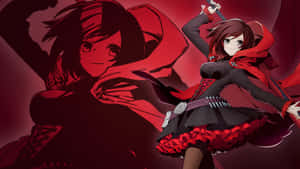 動漫女孩穿著紅色斗篷，手持劍，身後有陰影人物。 — Rwby 壁紙