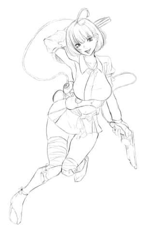 身穿校服的動漫女孩，手持鞭子和手槍，擺出動作姿勢。 — Galaxy Tab S10+ 壁紙