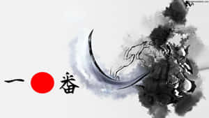 動漫戰士手持彎刀，以墨水風格動作，搭配日文字和紅色圓圈。 — 日本武士 壁紙