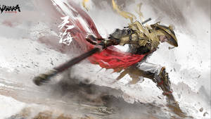 動漫戰士穿著金色盔甲，揮舞著劍，紅色斗篷在飄動。 — 混沌武士 壁紙
