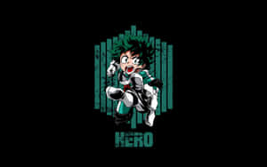 綠色頭髮的動漫英雄以動態姿勢呈現，搭配青綠色條紋和hero字樣。 — 我的英雄學院 壁紙