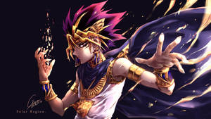 動漫角色，紫色頭髮和金色盔甲，引導魔法能量。 — 遊戲王 壁紙