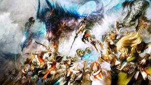 奇幻戰士在混亂的魔法風暴中與巨大的藍龍戰鬥。 — Ff14 壁紙