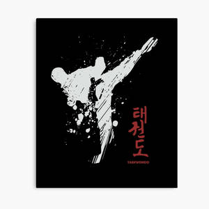 跆拳道選手擺出踢腿姿勢，帶有韓文文字和紅色字樣。 — 運動 壁紙