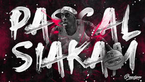 籃球運動員 Pascal Siakam 在運動中，帶有風格化的名字文字和紅色潑濺背景。 — 火影忍者標誌 壁紙