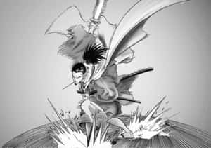 動漫武士戰士揮劍中，帶斗篷和爆炸地面效果。 — 混沌武士 壁紙