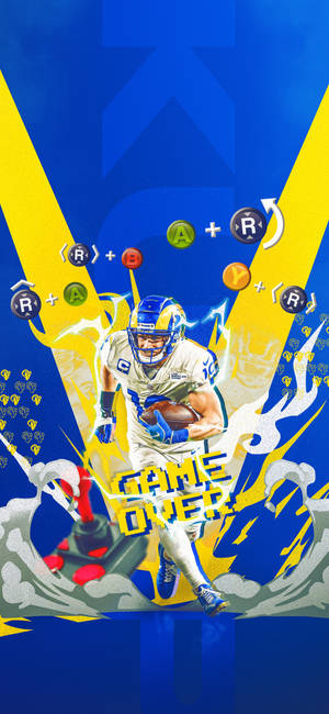足球運動員奔跑，帶有遊戲控制器按鈕和「GAME OVER」文字。 — 1290x2796 壁紙