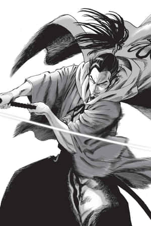 動漫武士戰士正在揮劍，表情強烈，長袍飄逸。 — 混沌武士 壁紙