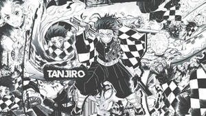 炭治郎在漫畫面板中被惡魔包圍的戰鬥場景。 — 動漫惡魔 壁紙