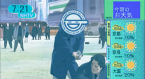 動漫男子在城市街道上，用槍指著另一名男子，並帶有天氣預報疊加。 — 大笑 壁紙