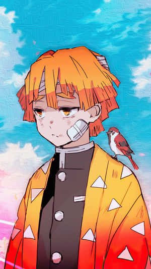 動漫男孩，橙色頭髮，嘴巴纏著繃帶，穿著黃色和服，肩膀上有鳥。 — 鬼滅之刃 壁紙