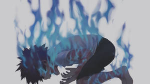 動漫男孩跪在痛苦中，被藍色火焰包圍。 — 達巴比 壁紙