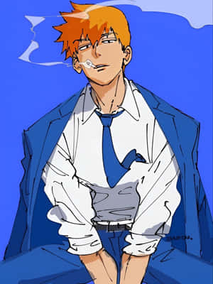 動漫男子，橙色頭髮，身穿藍色西裝，在藍色背景上抽煙。 — HMD Terra M 壁紙
