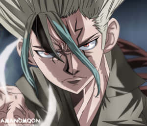 動漫角色，灰色頭髮和紅色眼睛，強烈地瞪視著。 — Dr.STONE 新石紀 壁紙