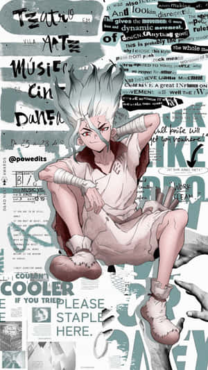 白髮繃帶的動漫角色，被文字拼貼環繞。 — Dr.STONE 新石紀 壁紙