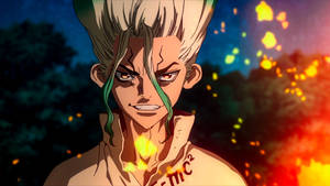 夜晚中帶有火花和強烈表情的動漫角色。 — Dr.STONE 新石紀 壁紙