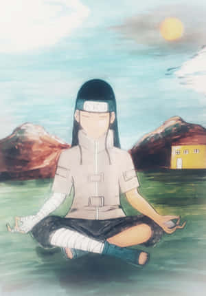 動漫角色在水面上冥想，背景有山脈和房屋。 — 寧次 壁紙