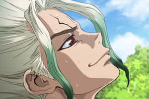 擁有綠色和白色頭髮的動漫角色在藍天下與樹木一起哭泣。 — Dr.STONE 新石紀 壁紙
