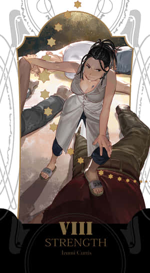 塔羅牌 VIII 力量顯示一名女子跪在一個男子身上，伴有金色星星。 — 低調 壁紙