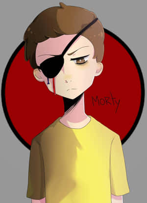動漫角色 Morty 戴著眼罩，灰色背景上有紅色圓圈和血滴。 — 恐怖反派 壁紙