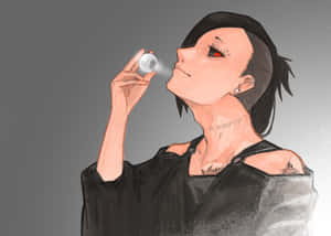 紅眼睛和頸部紋身的動漫角色從電子煙筆吸入蒸氣。 — 東京喰種桌面 壁紙