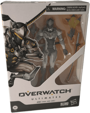 包裝中的Overwatch Genji可動人偶，附劍和配件。