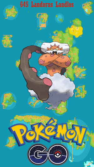 Landorus 寶可夢角色漂浮在雲上，帶有遊戲地圖碎片和 Pokémon GO 標誌。 — 電玩遊戲 GIF 壁紙