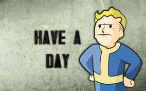 穿著藍色夾克的卡通Vault Boy不悅地站在灰色牆壁的'HAVE A DAY'文字旁邊。 — MacBook Pro M1 壁紙