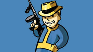 Vault Boy戴著黃色帽子和藍色連身衣，手持步槍微笑。 — 異塵餘生 GIF 壁紙