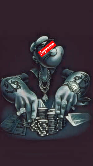 卡通人物，臉部是Supreme標誌，在桌子上堆疊籌碼。 — 兔巴哥 壁紙