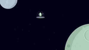 一個綠色卡通外星人乘坐飛碟在太空中的兩個月亮之間。 — 太空美學動圖 壁紙