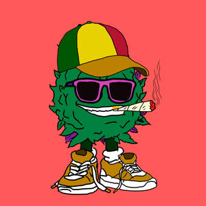 一個綠色卡通大麻植物，戴著帽子和太陽眼鏡，正在抽大麻煙。 — 卡通 壁紙