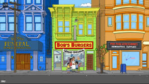 卡通家庭在Bob's Burgers餐廳外面，旁邊有古怪的鄰近商店。 — 卡通 壁紙