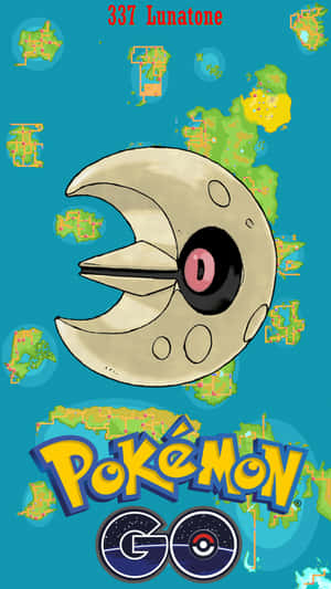 Lunatone寶可夢角色，帶有地圖碎片和Pokémon GO標誌，背景為青綠色。 — 電玩遊戲 GIF 壁紙