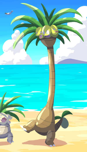 兩個寶可夢在海灘上，背景有棕櫚樹和海洋。 — Pokémon 手機 壁紙