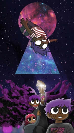 三個紫髮小孩在帶有宇宙鎖眼的星空下拿著一個發光物體。 — 小烏茲·弗特 壁紙